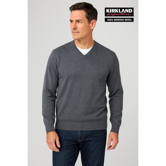Kirkland Signature 100% Merino Wool V-Neck Gray Sweater - Picture 1 of 5